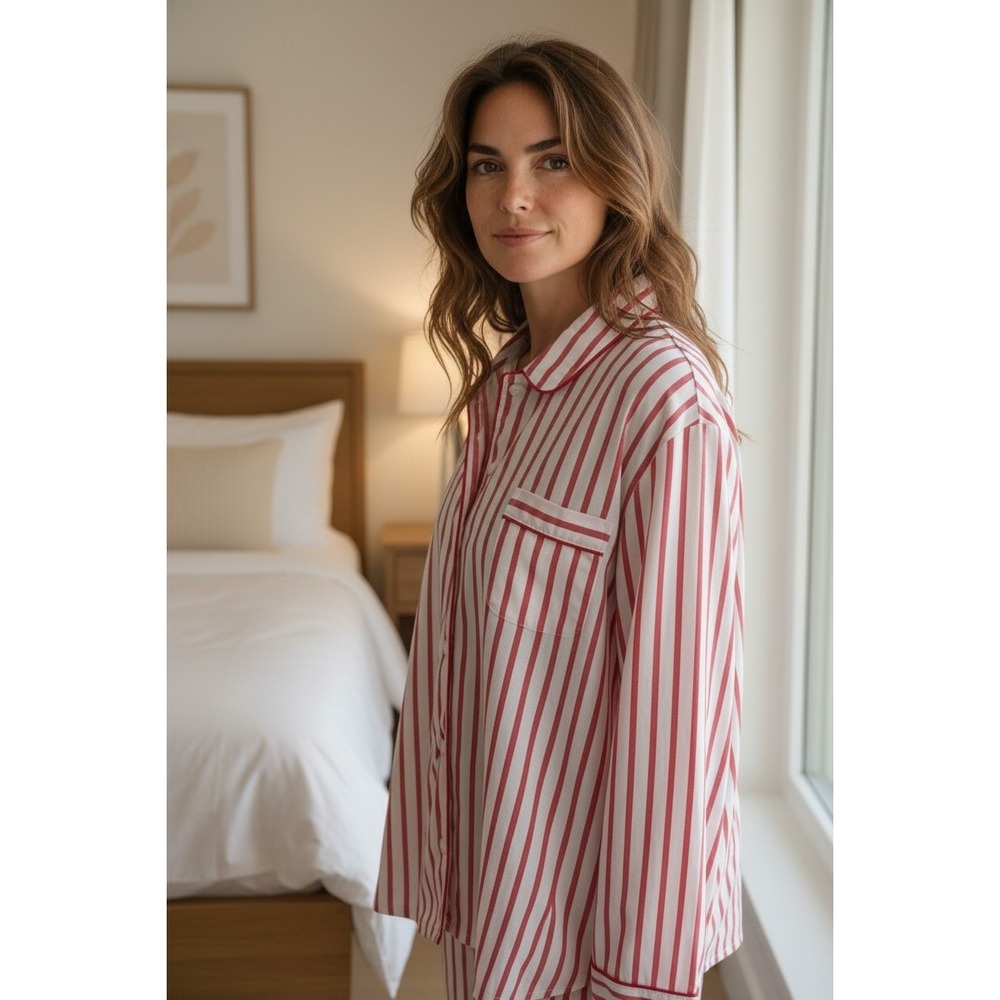 J.Crew Cotton Pajama Top SZ‎ XL Red White Striped Button Down p2p 24 Re Imagined